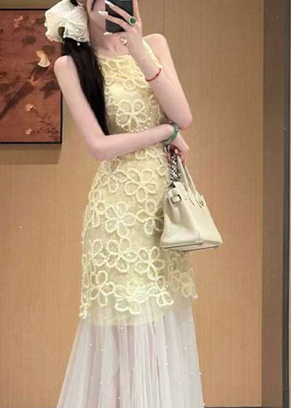 Crew Neck Lace Overlay Pearl-Embellished Tulle Skirt Sleeveless Maxi Dress