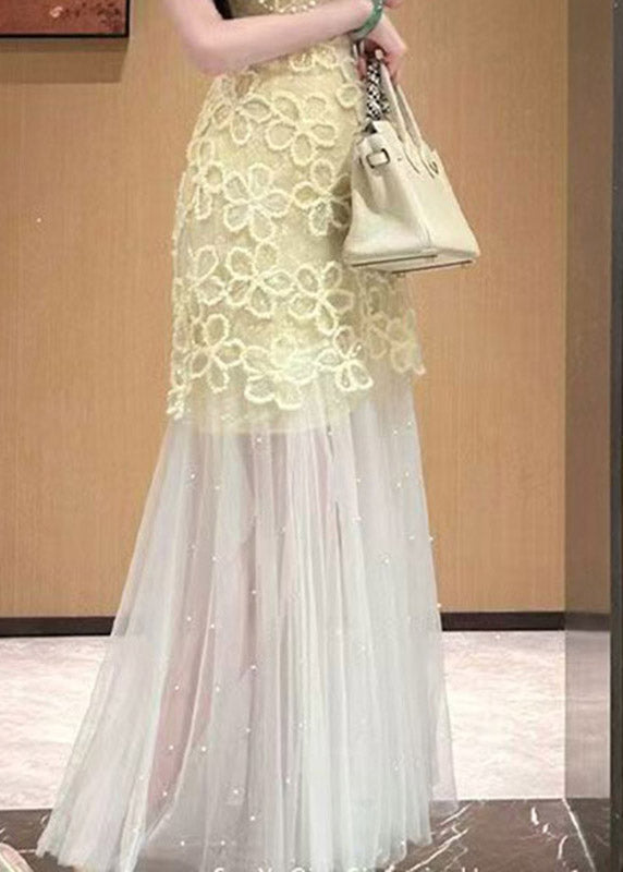 Crew Neck Lace Overlay Pearl-Embellished Tulle Skirt Sleeveless Maxi Dress