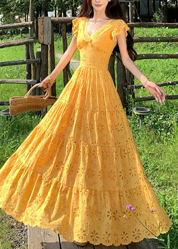 V Neck Bow Lace Trim Eyelet Tiered Ruffle Cap Sleeve Maxi Dress