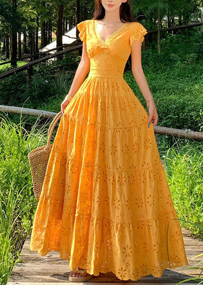 V Neck Bow Lace Trim Eyelet Tiered Ruffle Cap Sleeve Maxi Dress