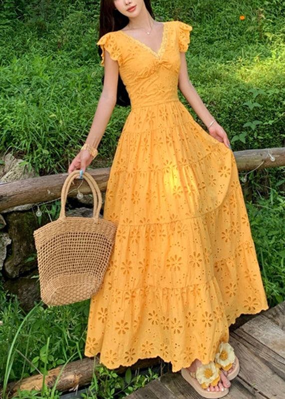 V Neck Bow Lace Trim Eyelet Tiered Ruffle Cap Sleeve Maxi Dress