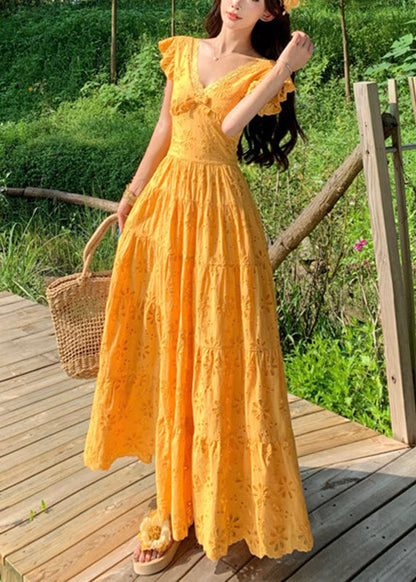 V Neck Bow Lace Trim Eyelet Tiered Ruffle Cap Sleeve Maxi Dress