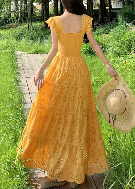 V Neck Bow Lace Trim Eyelet Tiered Ruffle Cap Sleeve Maxi Dress