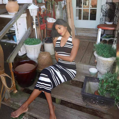 Deep V Halter Neck Horizontal Stripe Knit Bodycon Maxi Dress