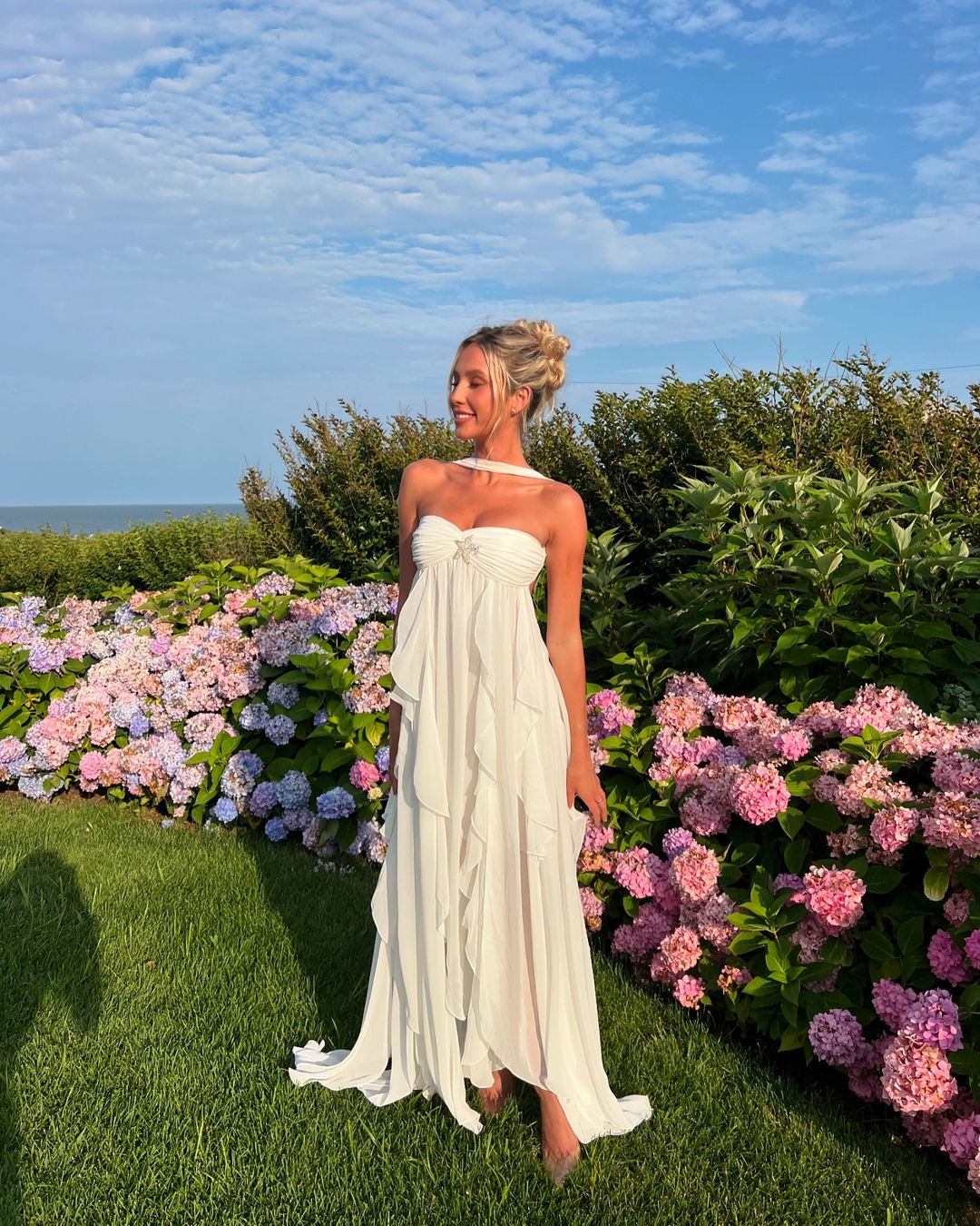 Strapless Empire Waist Star Brooch Cascading Ruffle Choker Detail Maxi Dress