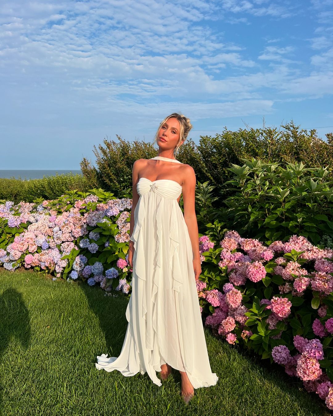 Strapless Empire Waist Star Brooch Cascading Ruffle Choker Detail Maxi Dress
