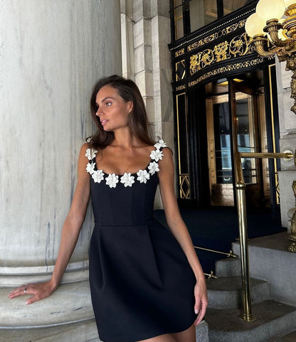 3D Floral Appliqué Neckline Sleeveless Tailored Flare Mini Dress