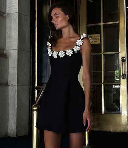 3D Floral Appliqué Neckline Sleeveless Tailored Flare Mini Dress