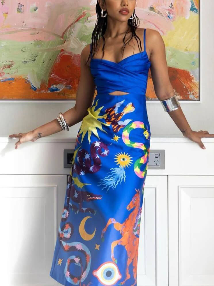 Sweetheart Neck Cutout Celestial Illustration Print Slip Maxi Dress