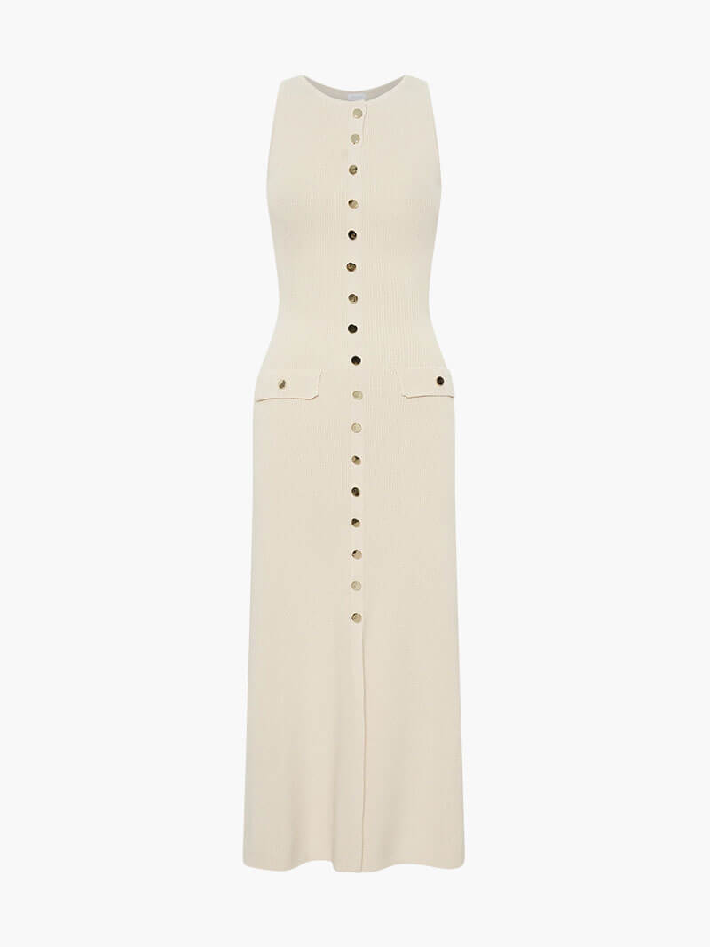 Rib Knit Crew Neck Button Front Flap Pocket Sleeveless Midi Dress