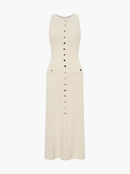Rib Knit Crew Neck Button Front Flap Pocket Sleeveless Midi Dress