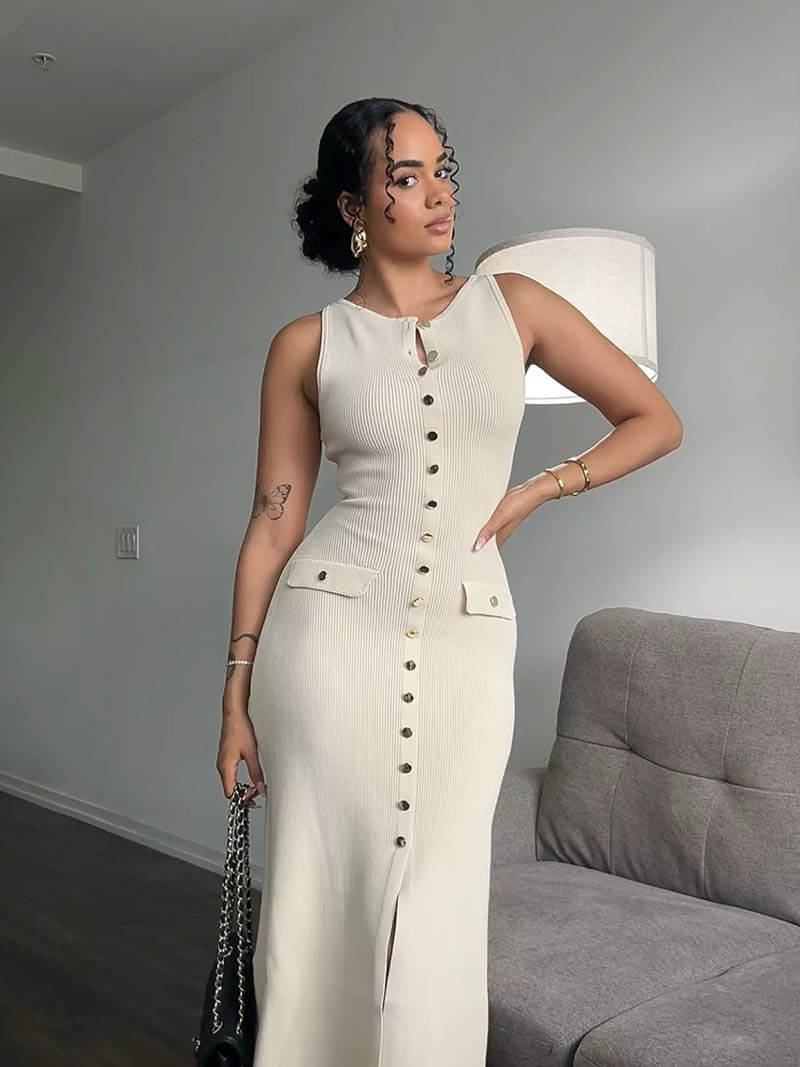 Rib Knit Crew Neck Button Front Flap Pocket Sleeveless Midi Dress