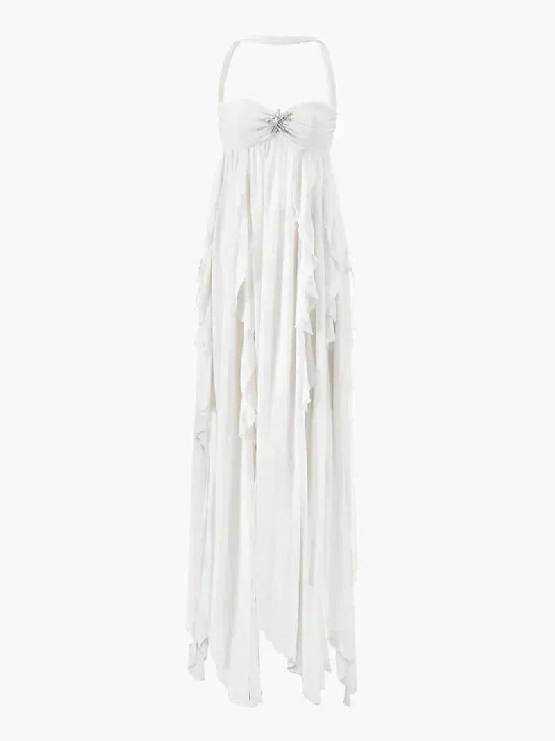 Strapless Empire Waist Star Brooch Cascading Ruffle Choker Detail Maxi Dress