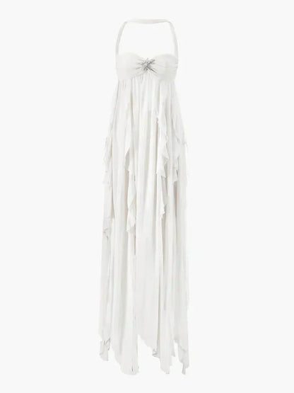 Strapless Empire Waist Star Brooch Cascading Ruffle Choker Detail Maxi Dress