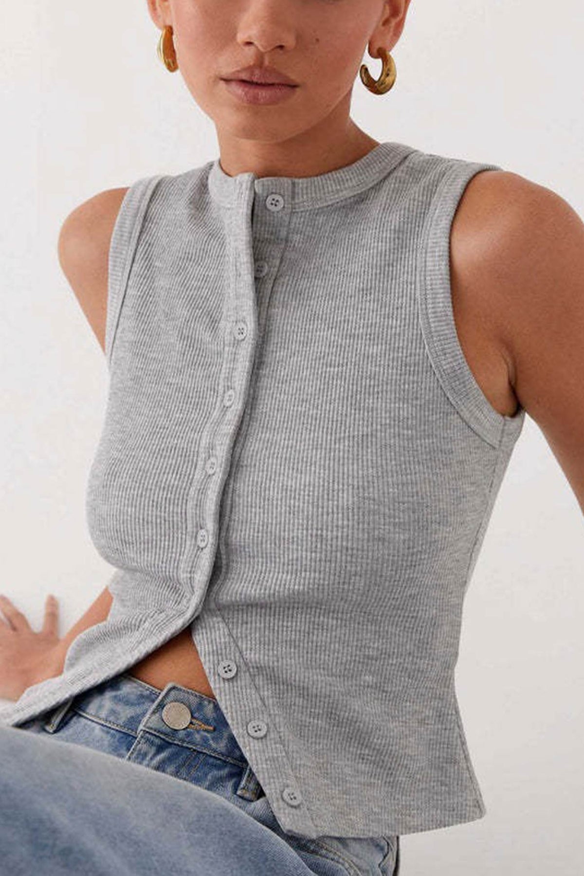 Solid Color Button-down Knit Tank Top