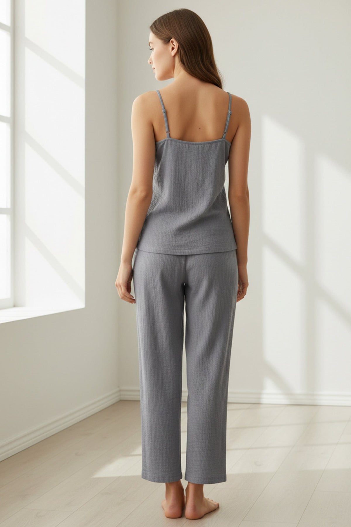Solid Color Cotton Spaghetti Straps Long Pants Set