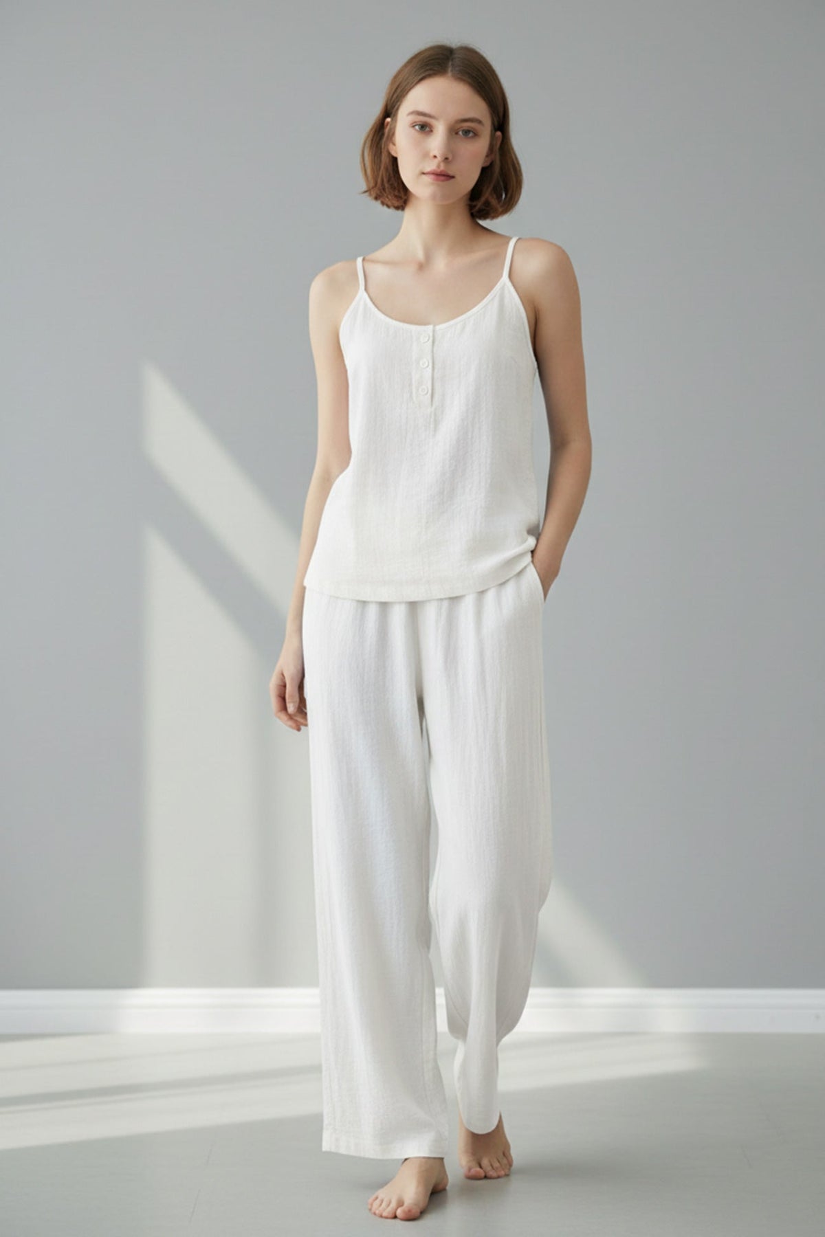 Solid Color Cotton Spaghetti Straps Long Pants Set