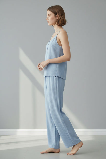 Solid Color Cotton Spaghetti Straps Long Pants Set