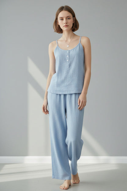 Solid Color Cotton Spaghetti Straps Long Pants Set