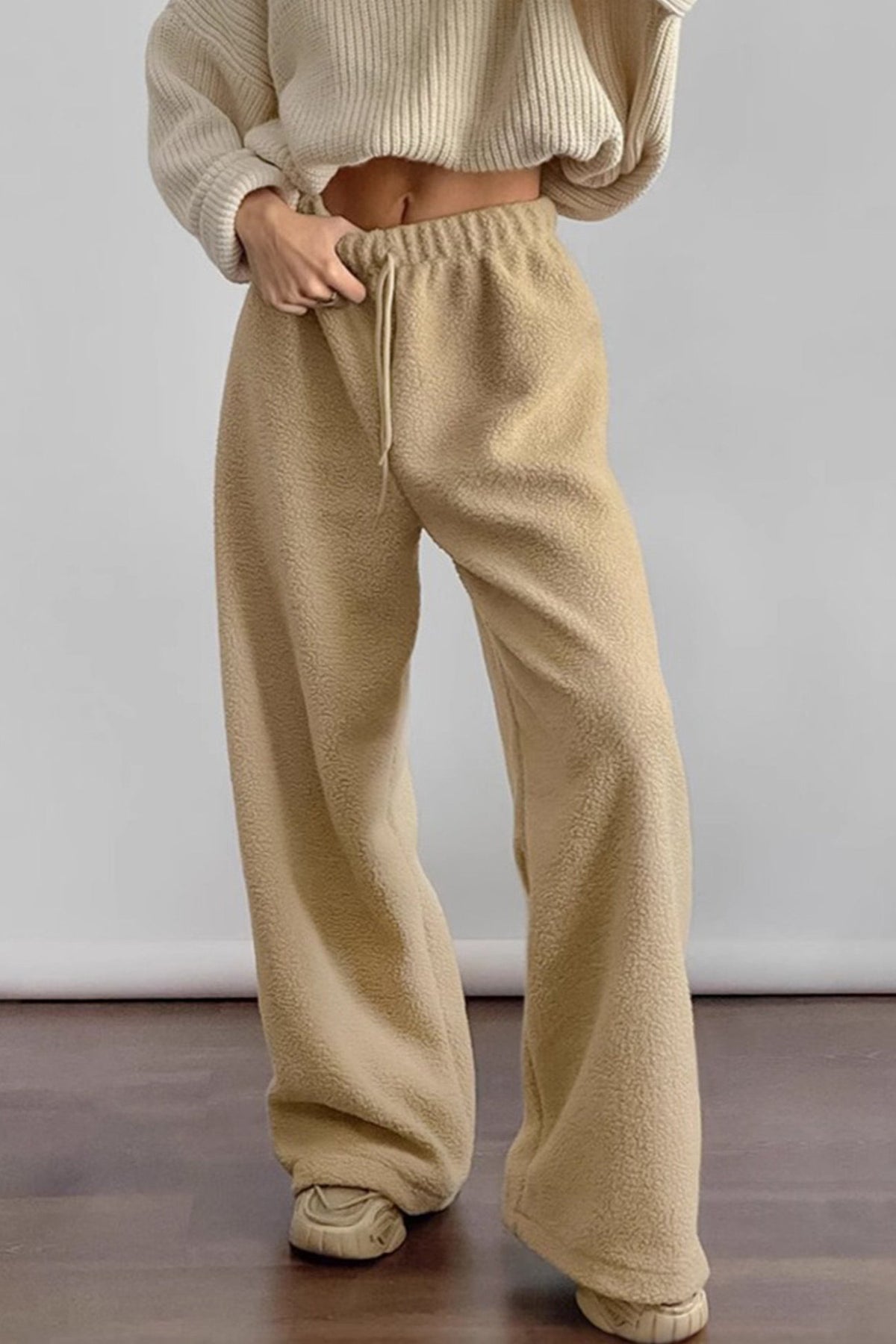 Solid Color Elastic Waist Polar Fleece Pants