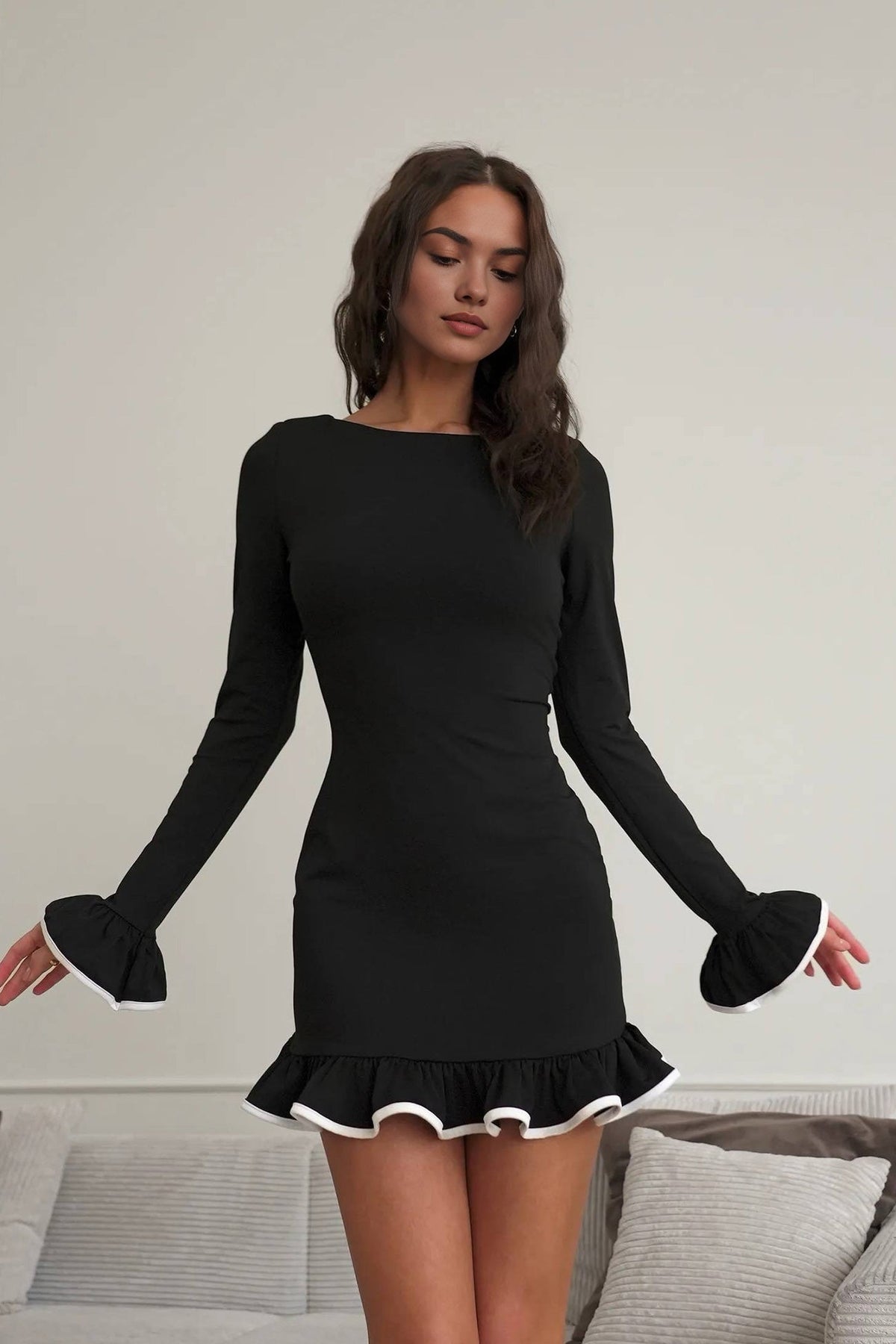 Solid Color Long Sleeve Ruffled Bodycon Dress