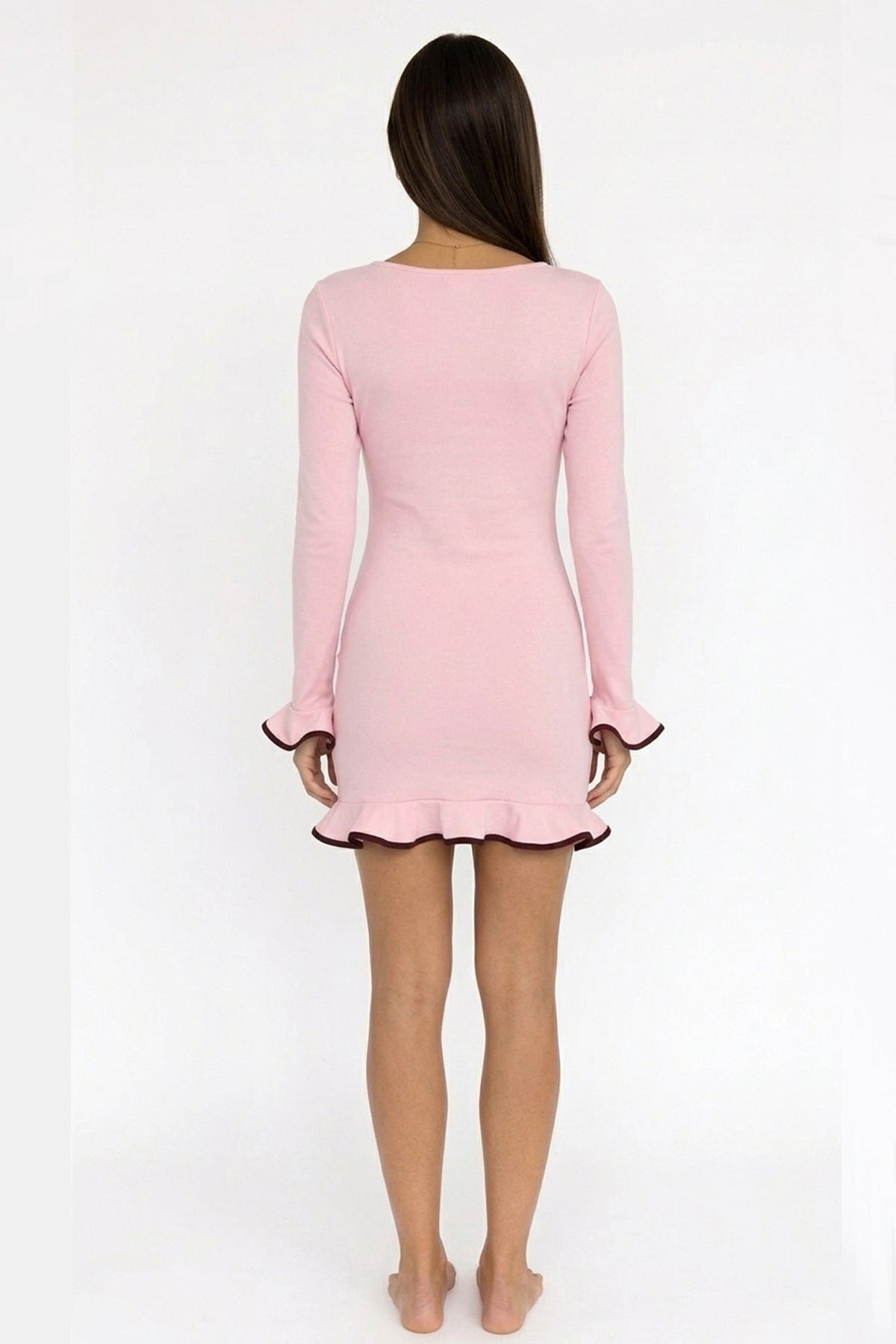 Solid Color Long Sleeve Ruffled Bodycon Dress