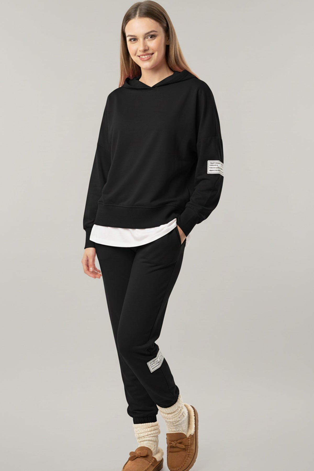Solid Color Patchwork Hoodie Pants Outfit Sets