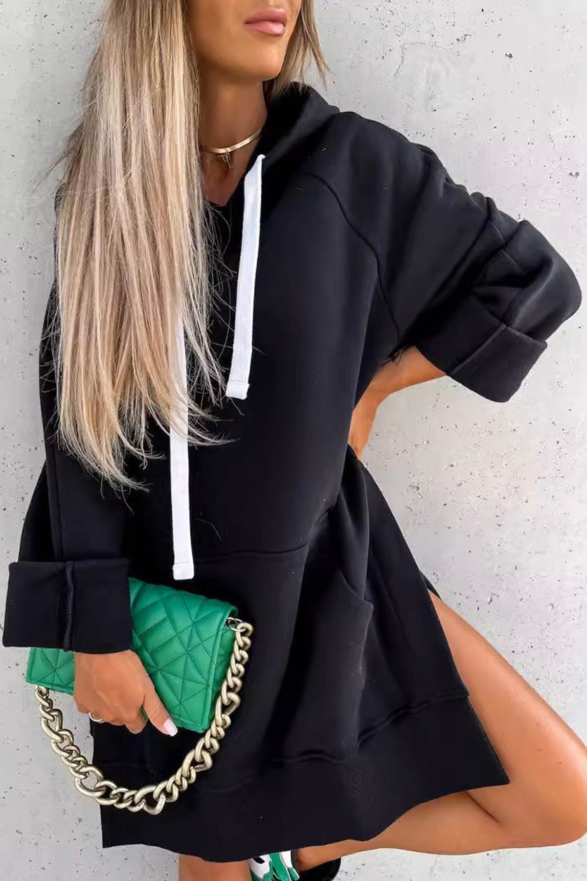 Solid Color Slit Mid-length Hoodie