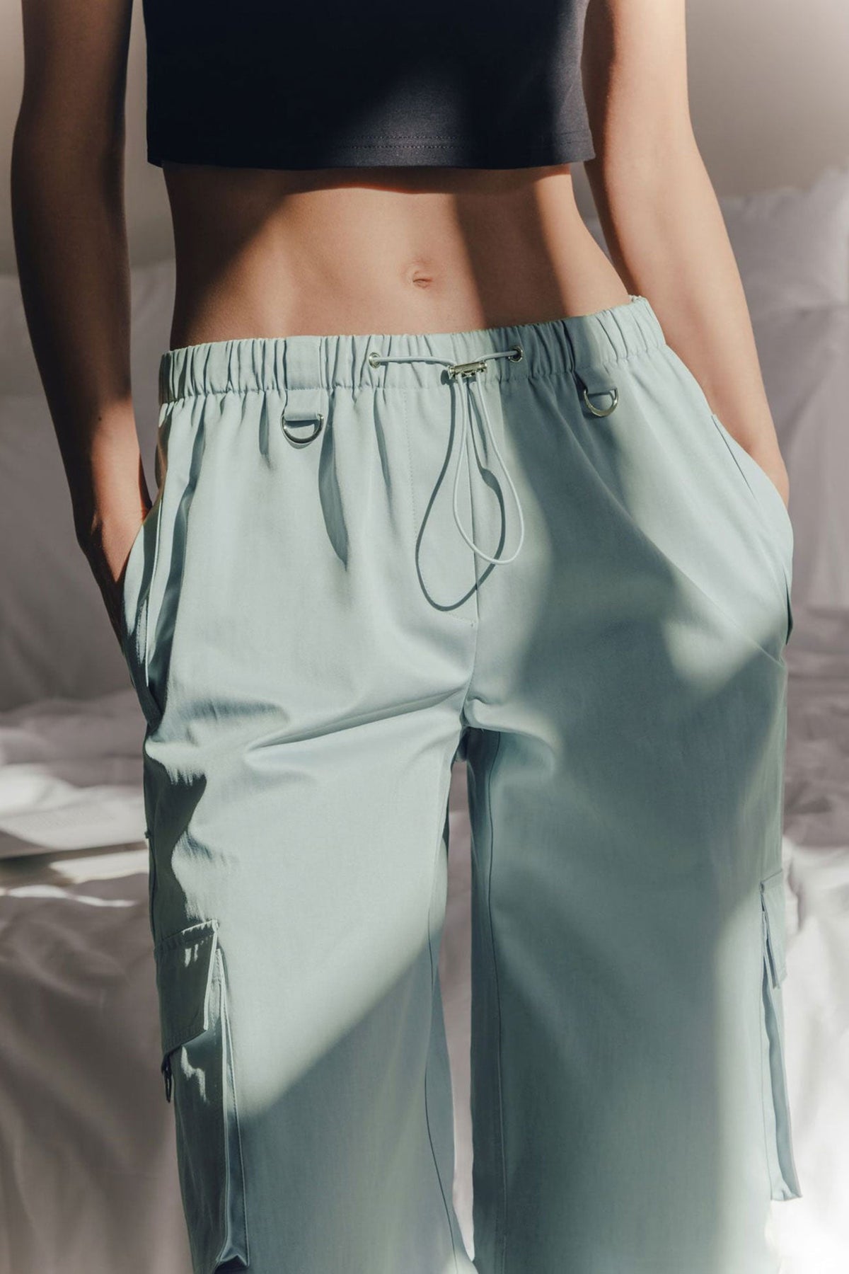 Solid Drawstring Large Pocket Cargo Pants