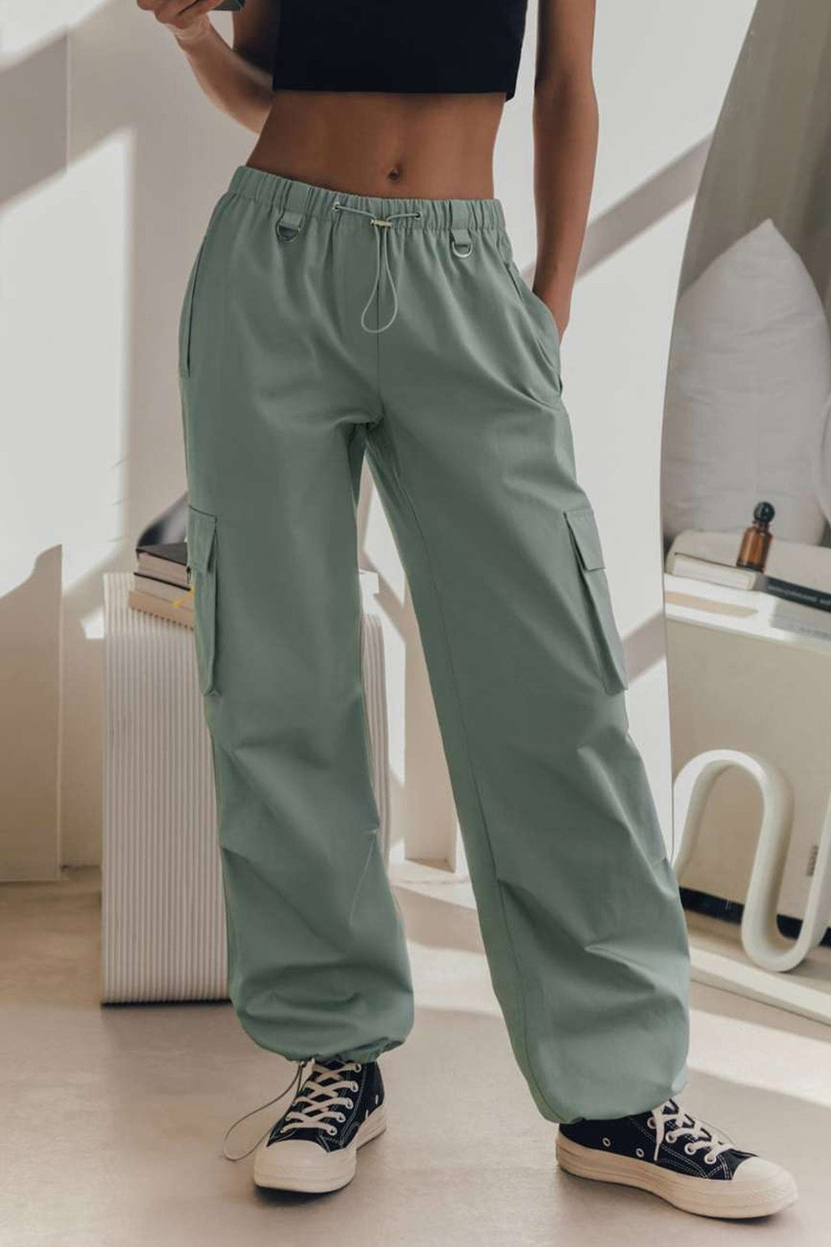Solid Drawstring Large Pocket Cargo Pants