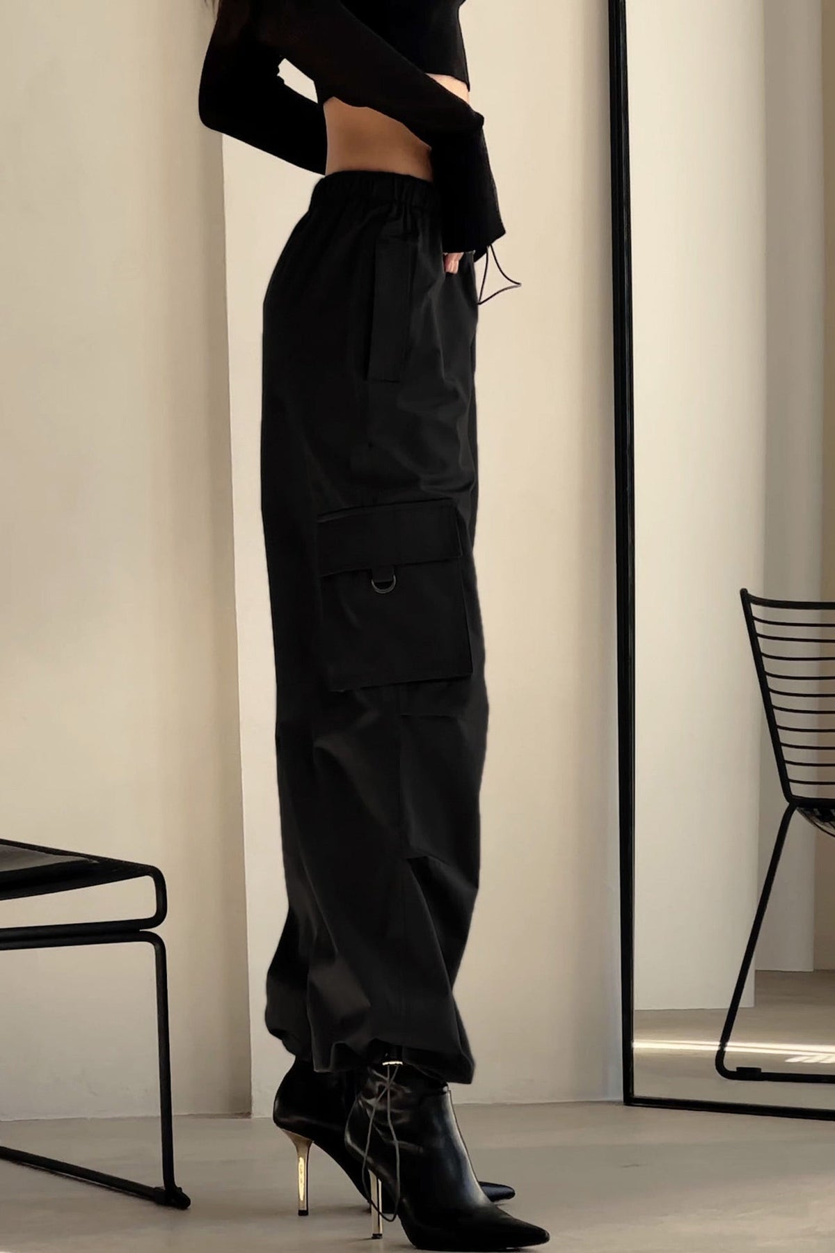 Solid Drawstring Large Pocket Cargo Pants