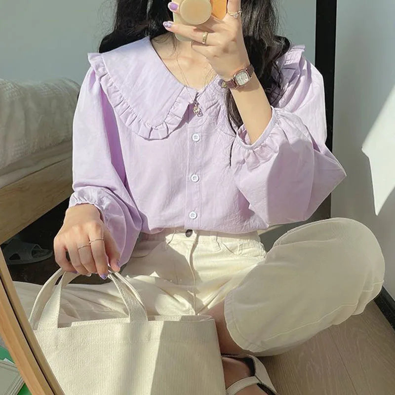 Simple Ruffles Single Breasted White Blouse