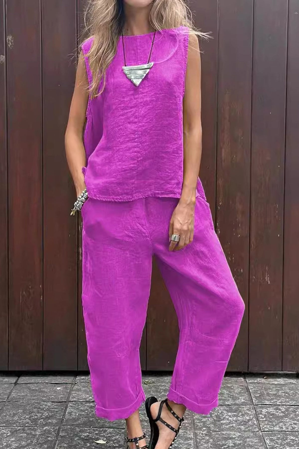 Solid Tank Top Long Pants Set