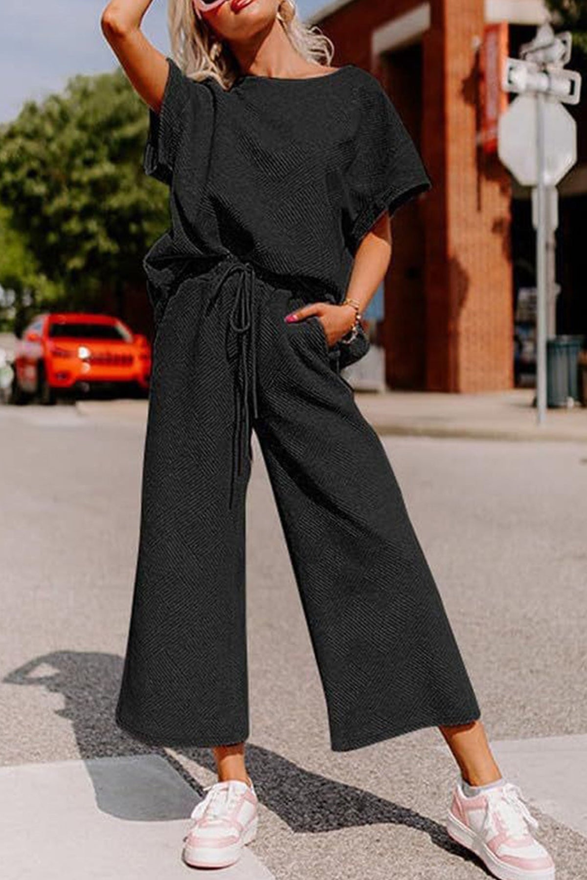 Solid Textured T-shirt Long Pants Set