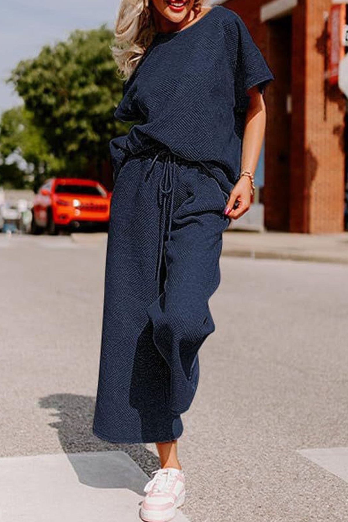Solid Textured T-shirt Long Pants Set