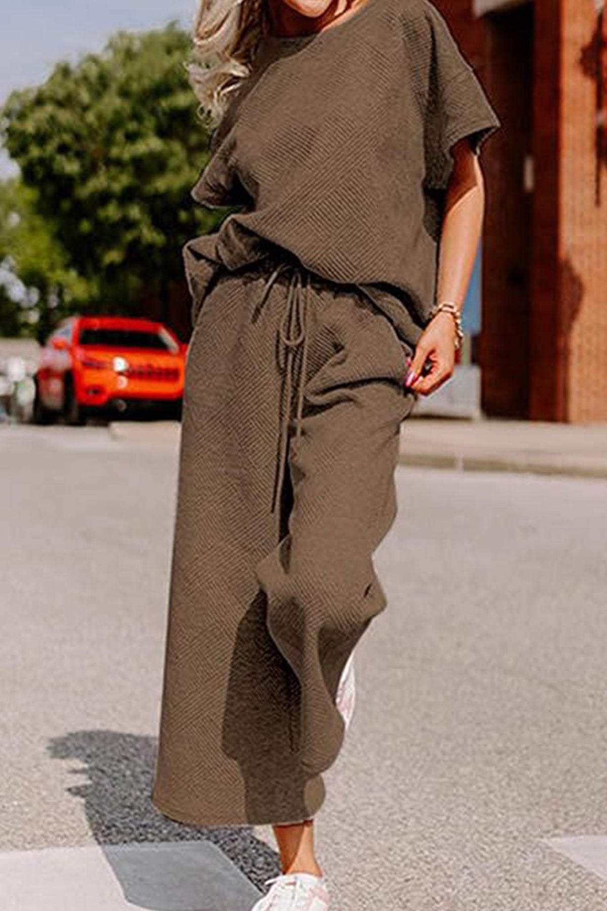 Solid Textured T-shirt Long Pants Set