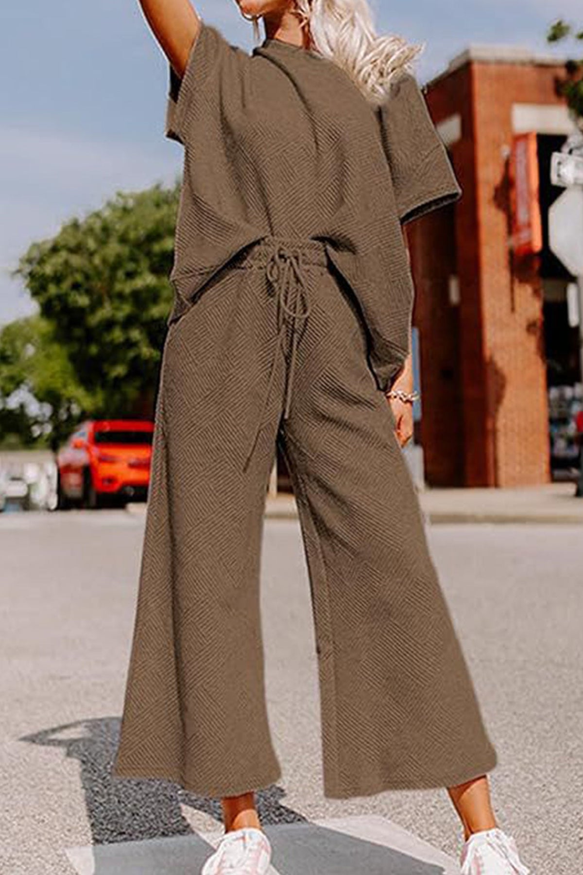 Solid Textured T-shirt Long Pants Set