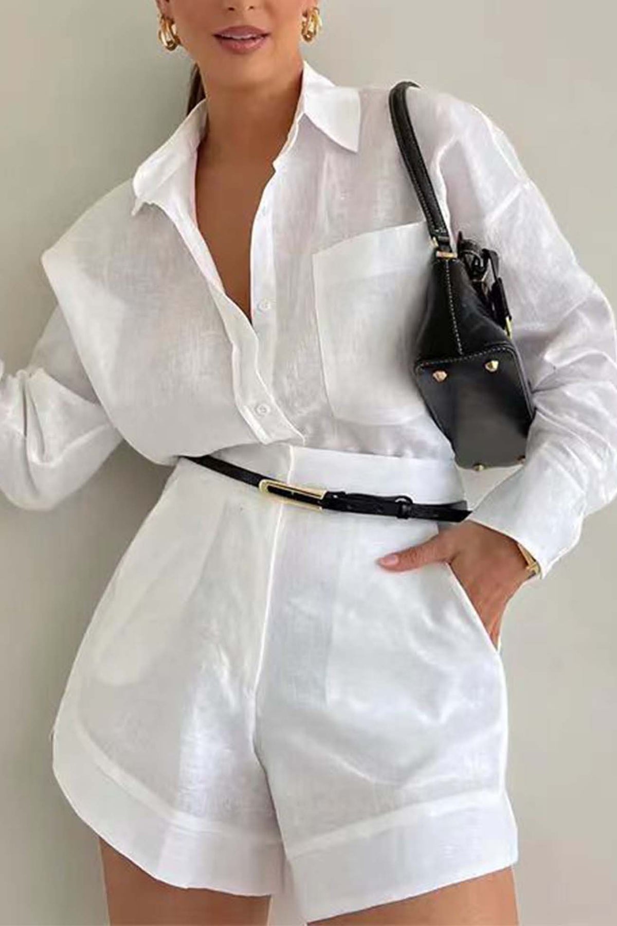 Solid Color Shorts Long Sleeve Shirt Suit