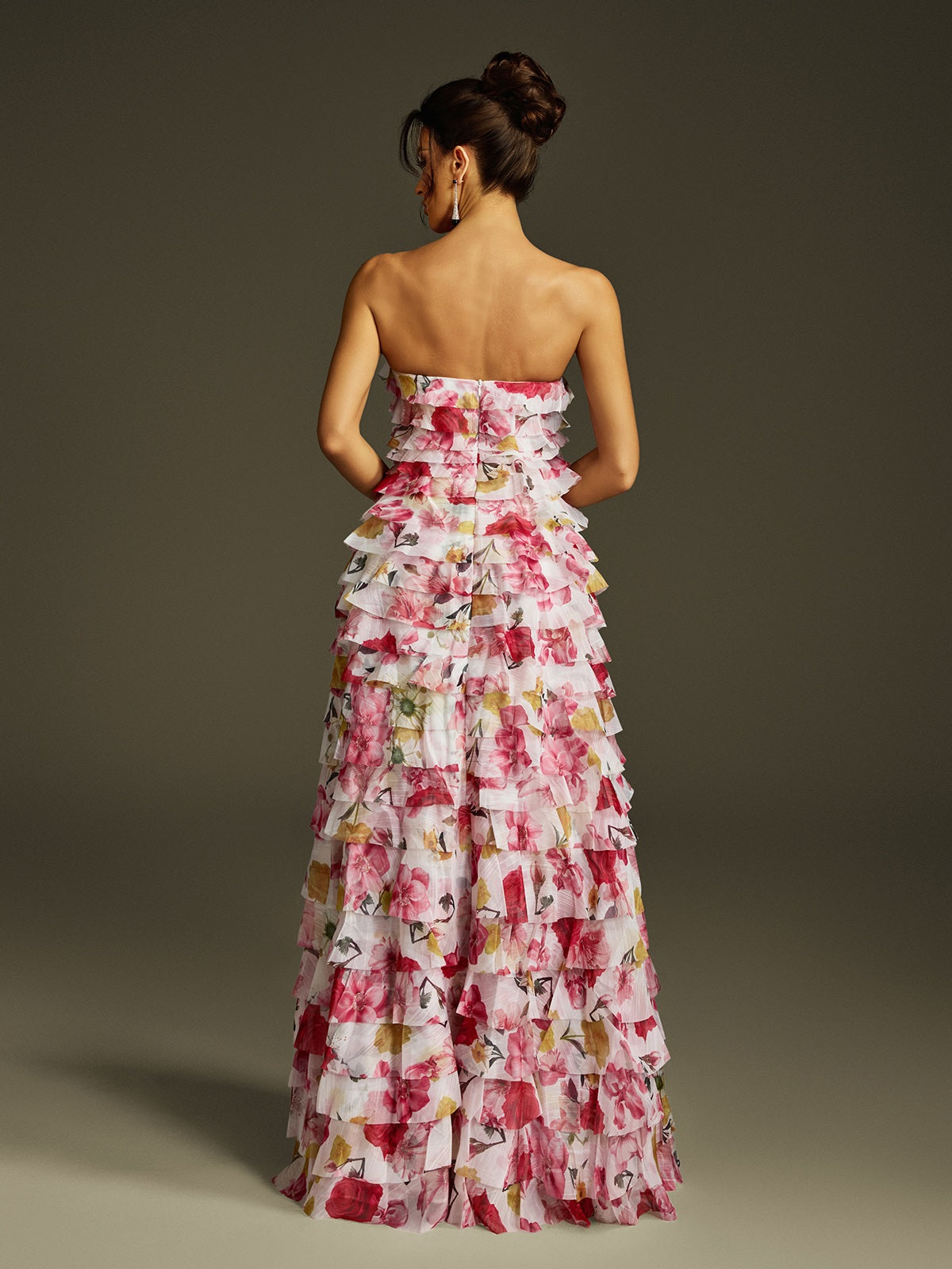 Strapless Tiered Ruffle Floral Print Maxi Dress