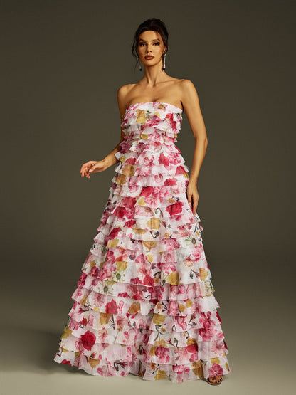 Strapless Tiered Ruffle Floral Print Maxi Dress