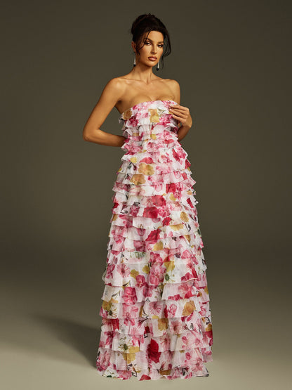 Strapless Tiered Ruffle Floral Print Maxi Dress