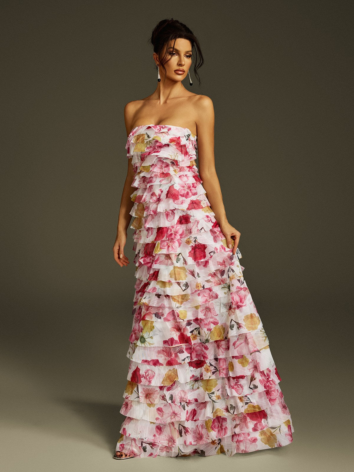 Strapless Tiered Ruffle Floral Print Maxi Dress
