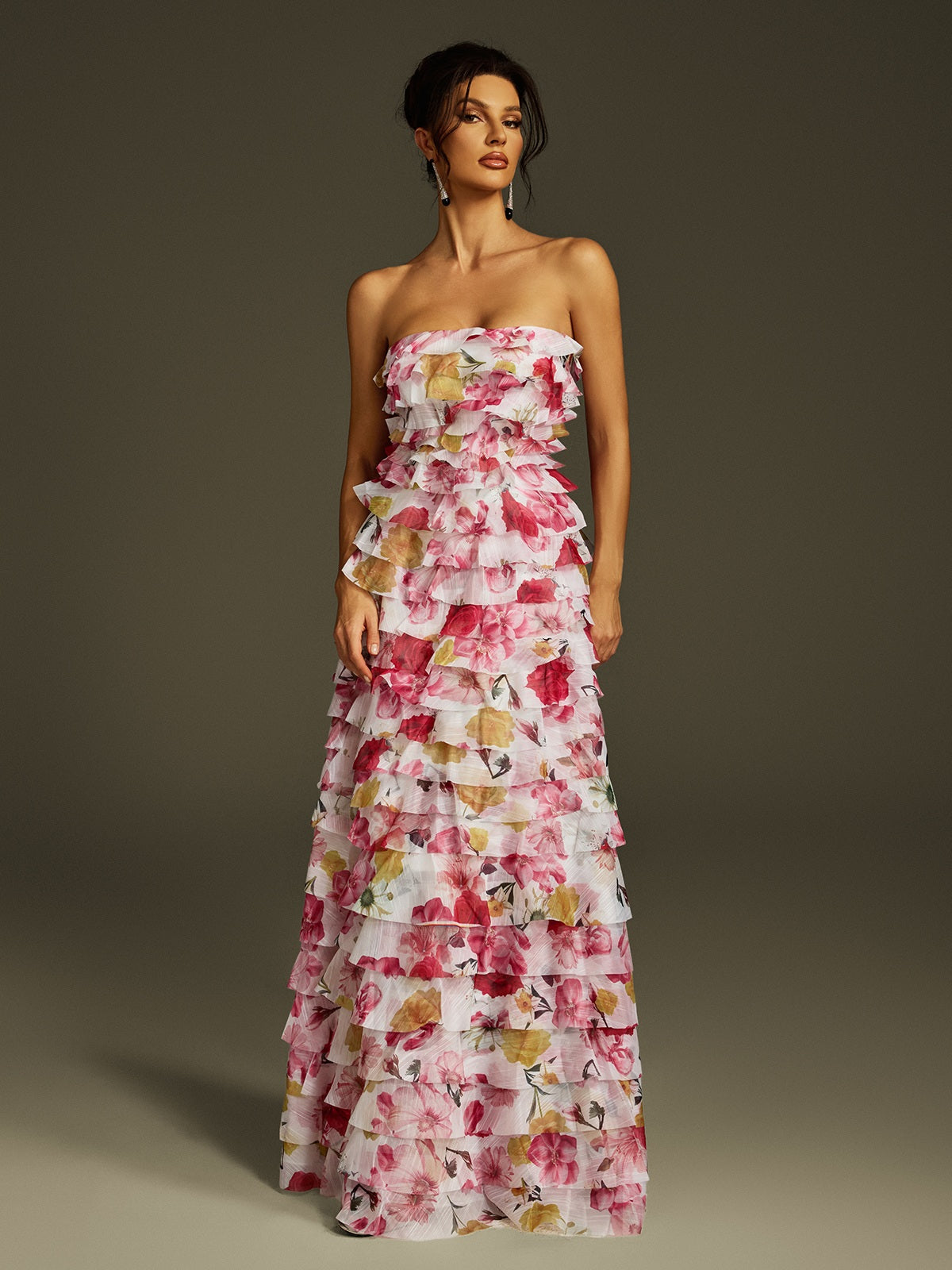 Strapless Tiered Ruffle Floral Print Maxi Dress