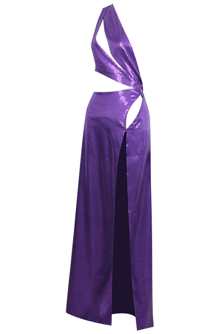 Sequin One-Shoulder O-Ring Waist Cutout High Slit Maxi Gown