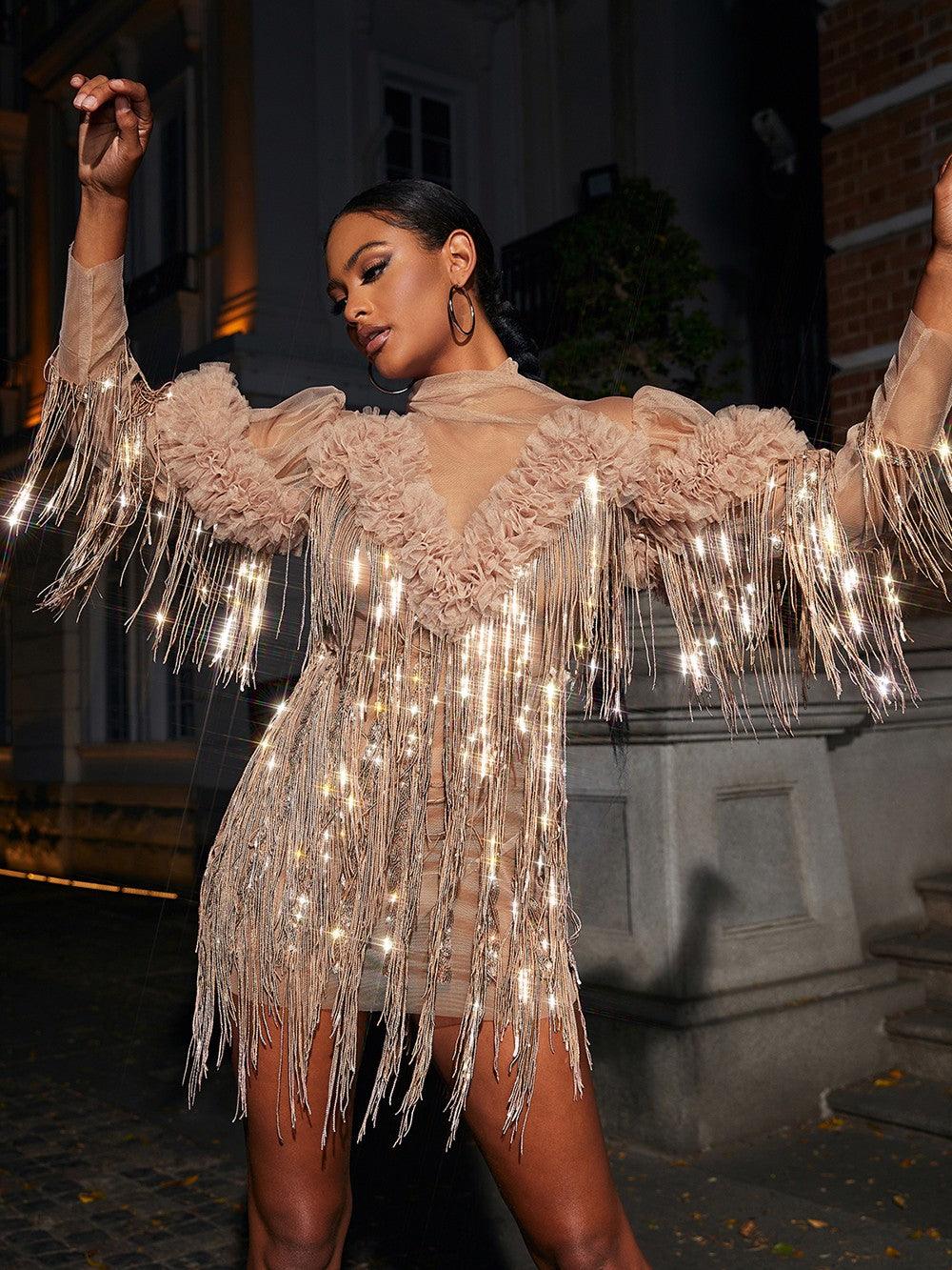 Mock Neck Ruffle Trim Shimmering Fringe Mesh Long Sleeve Mini Dress