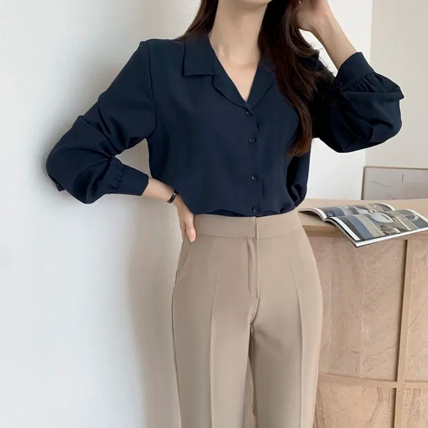 Chic Lantern Sleeve Suit Collar Loose Office Shirt