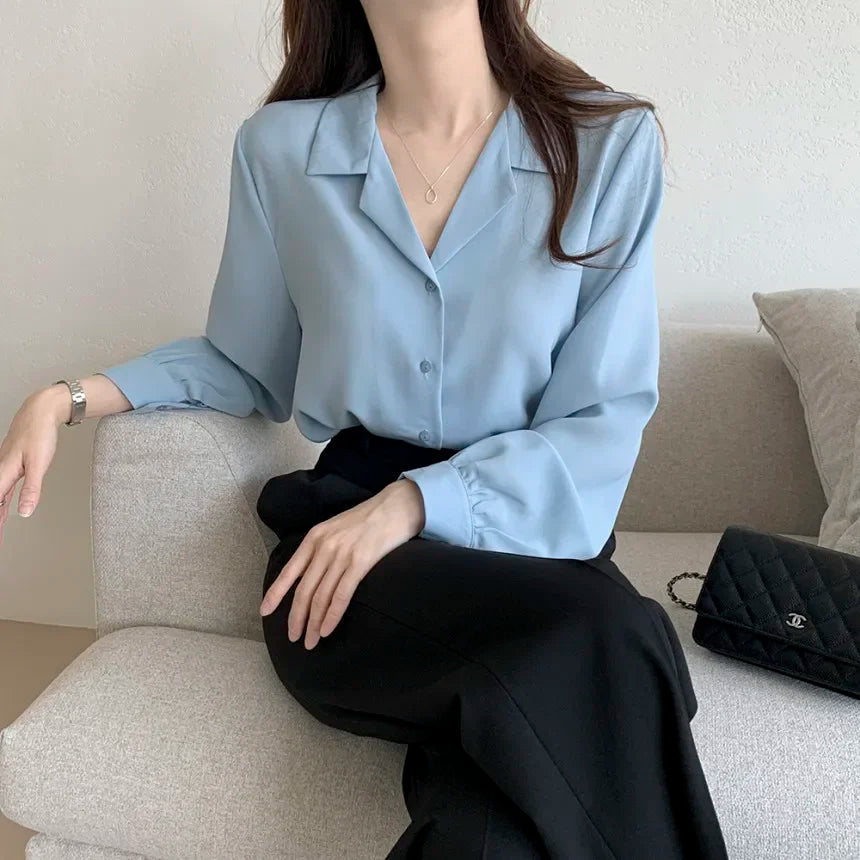 Chic Lantern Sleeve Suit Collar Loose Office Shirt