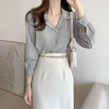 Chic Lantern Sleeve Suit Collar Loose Office Shirt