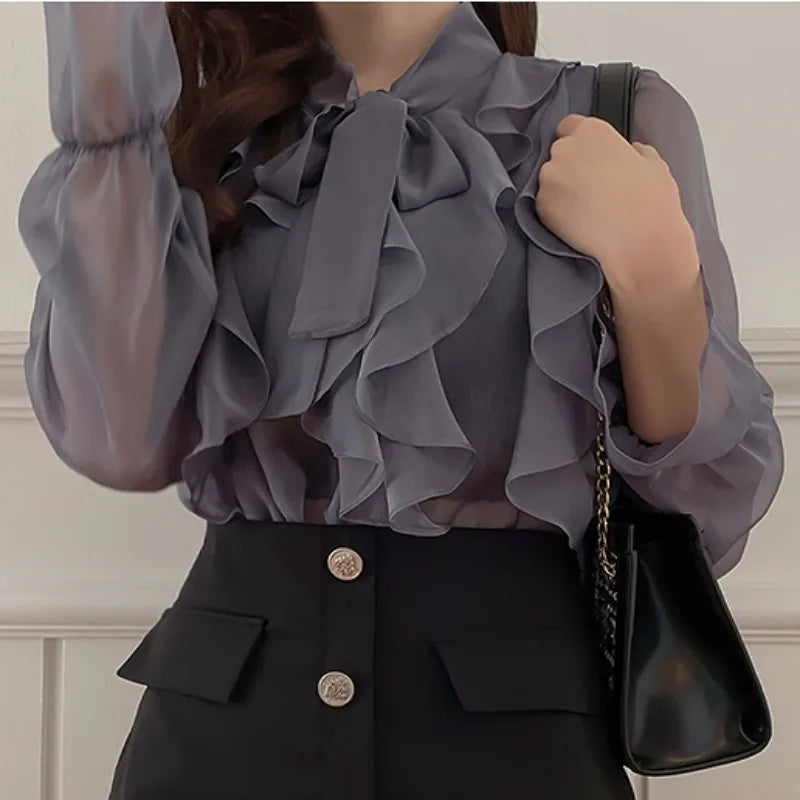 Sweet Bow Chiffon Casual Long Sleeve Blouse