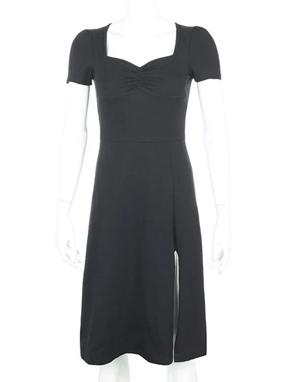 Square Neck Ruched Cap Sleeve High Split Bodycon Midi Dress